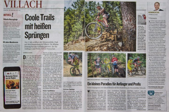 Kleine Zeitung: Coole Trails mit heißen Sprüngen = Redakteur testet selbst mit Bike die areaone